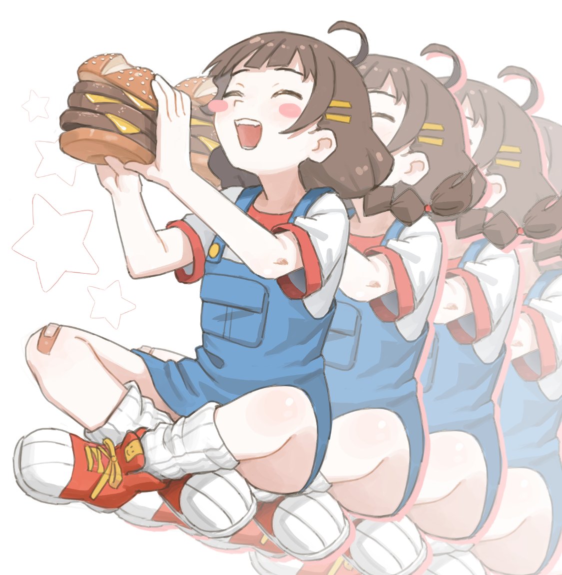 1girl, afterimage, ahoge, blue_overalls, blush, blush_stickers, braid, brown_hair, burger, closed_eyes, dutch_angle, food, full_body, hair_ornament, hairclip, holding, holding_burger, holding_food, indian_style, iosys, low_twin_braids, mcdonald's, medium_hair, open_mouth, overalls, red_footwear, ricman_rt, shirt, shoes, short_bangs, short_sleeves, sitting, smile, sneakers, socks, solo, star_(symbol), twin_braids, white_background, white_shirt, white_socks