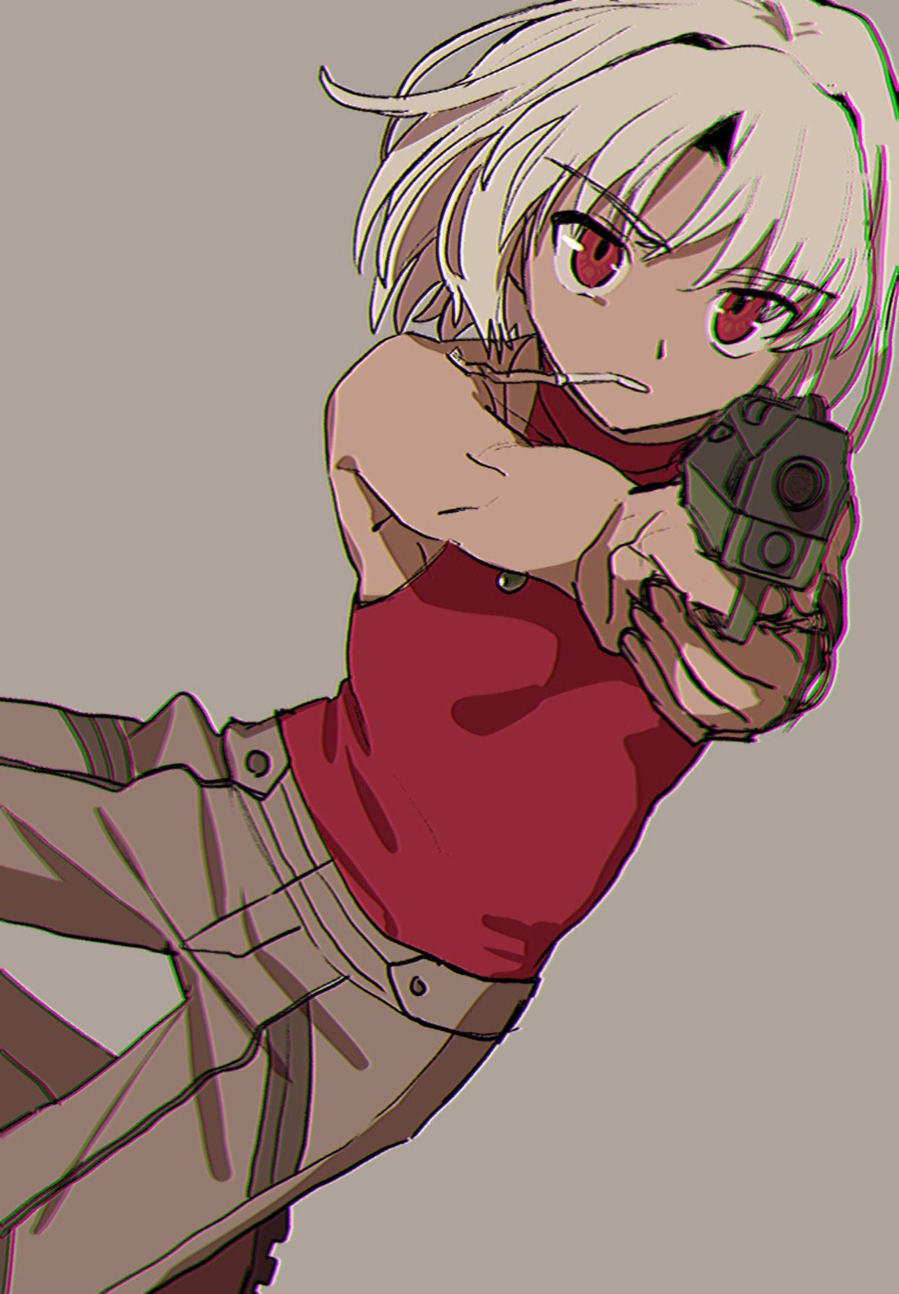 1girl, 428:_fuusa_sareta_shibuya_de, amemasu79, brown_pants, canaan_(character), canaan_(series), grey_background, gun