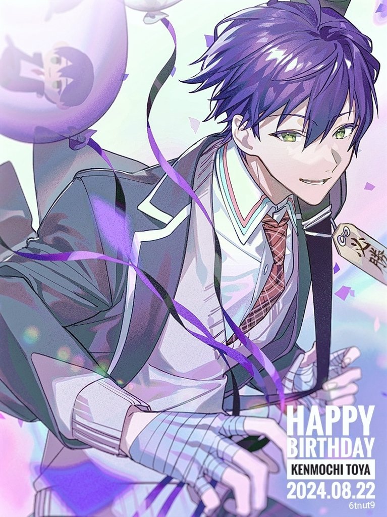 1boy, 6tnut9, balloon, bandaged_hand, bandages, black_jacket, collared_shirt, commentary_request