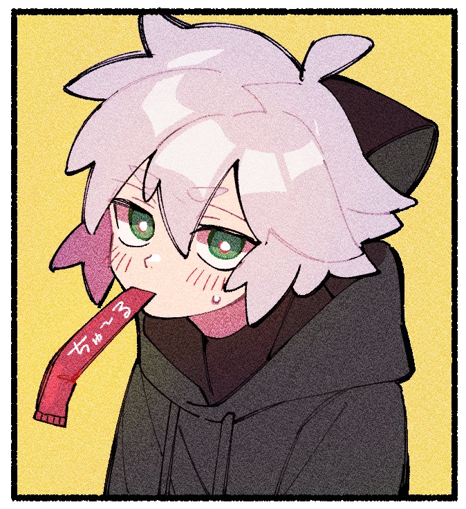 1boy, black_hoodie, black_undershirt, blush, ciao_churu, green_eyes, hood, hoodie