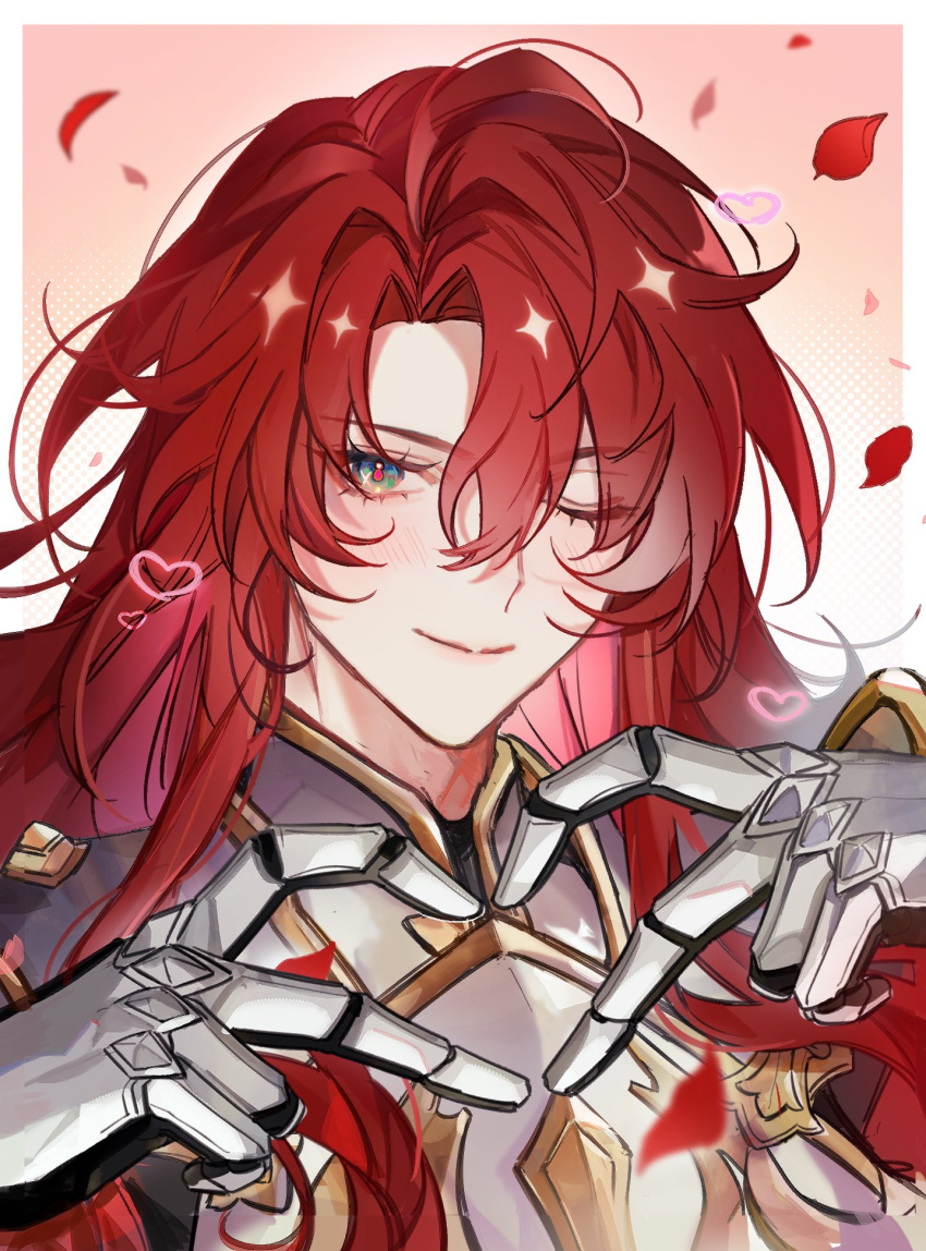 1boy, ahoge, argenti_(honkai:_star_rail), armor, blood, breastplate, gauntlets, gold_trim