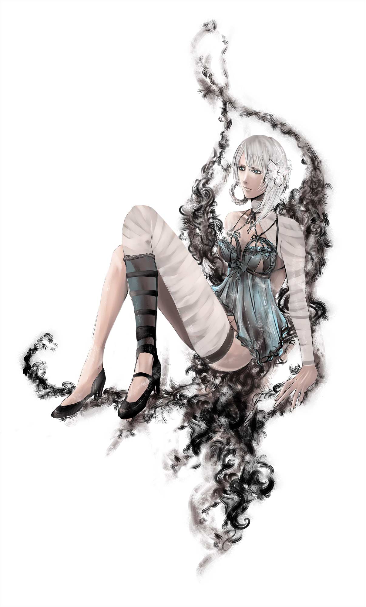 asymmetrical_hair, bandage, bandages, braid, breasts, flower, hair_flower, hair_ornament, high_heels, highres, kaine_(nier), kira_yuki, lingerie, mismatched_footwear, negligee, nier, shoes, short_hair, silver_hair, underwear