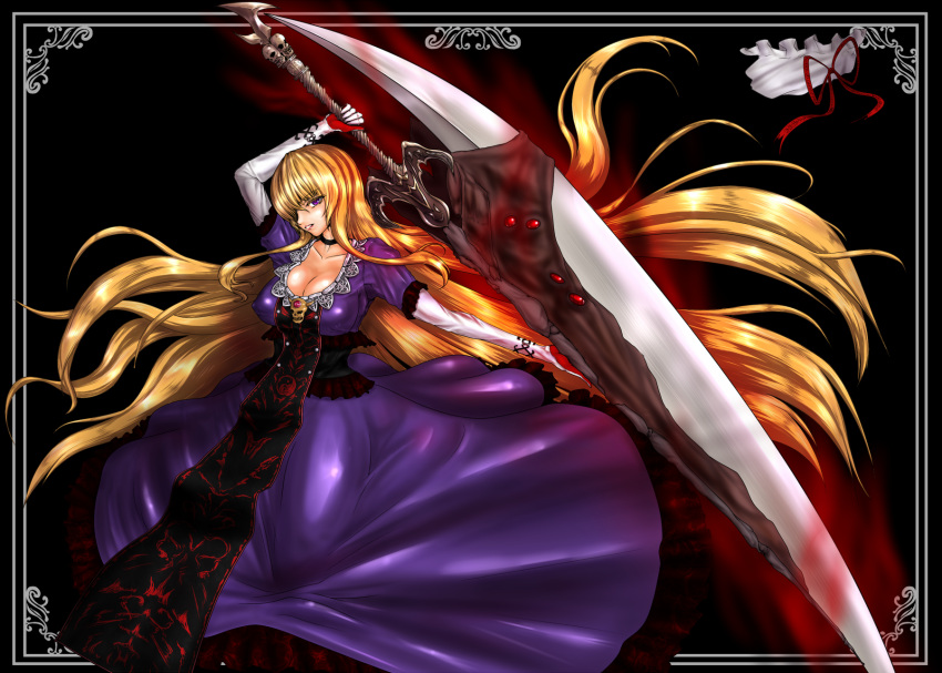 blonde_hair, breasts, brooch, choker, cleavage, devil_may_cry, dress, elbow_gloves