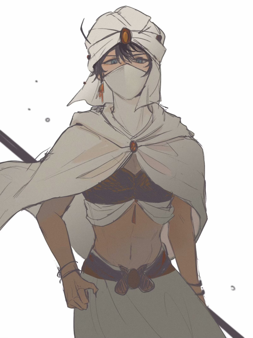 1boy, black_hair, blue_eyes, bracelet, cape, carmen_erla, earrings, english_commentary