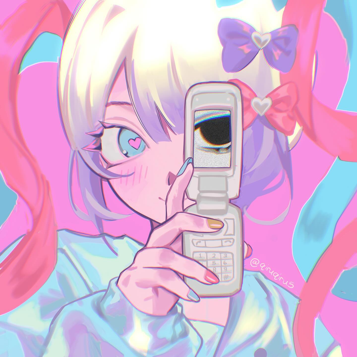 1girl, ame-chan_(needy_girl_overdose), black_eyes, blonde_hair, blue_eyes, blue_hair, blue_nails, bow