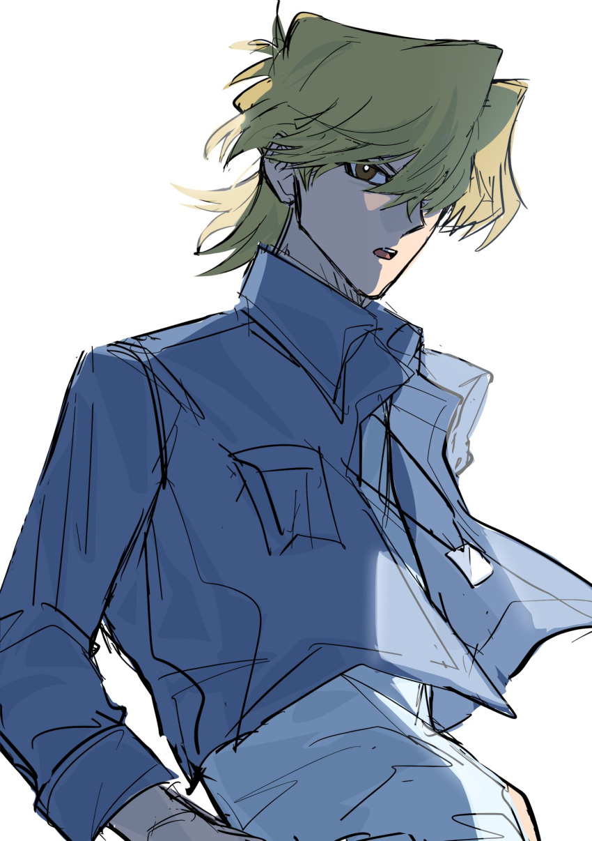 1boy, :o, blonde_hair, brown_eyes, cropped_jacket, dog_tags, hair_between_eyes, hair_over_one_eye