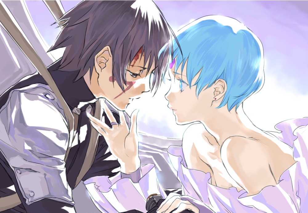 1girl, black_eyes, black_hair, blood, blue_eyes, blue_hair, cockpit, couple