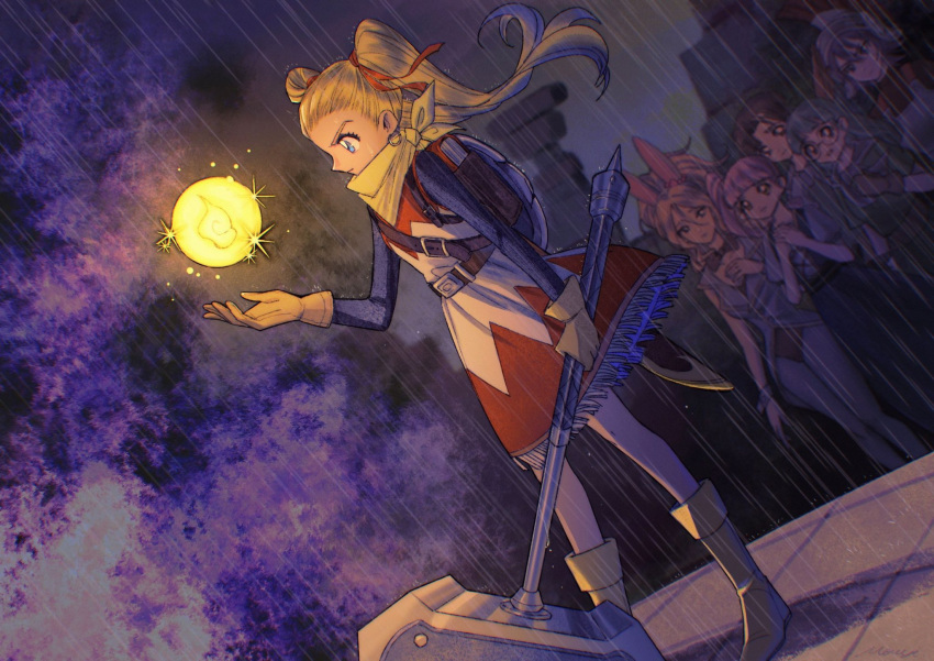 1boy, 5girls, anessa_(dqb2), black_sleeves, blonde_hair, blue_eyes, blurry, boots, brown_gloves, chako_(dqb2), chinese_commentary, commentary_request, depth_of_field, determined, dragon_quest, dragon_quest_builders_2, dress, earrings, female_builder_(dqb2), floating_clothes, floating_hair, fringe_trim, gloves, hair_pulled_back, hair_ribbon, hammer, highres, holding, holding_hammer, hoop_earrings, jewelry, long_hair, mouyi, multiple_girls, neckerchief, pero_(dqb2), perry_(dqb2), rain, red_ribbon, ribbon, ruru_(dqb2), salute, twintails, yellow_neckerchief