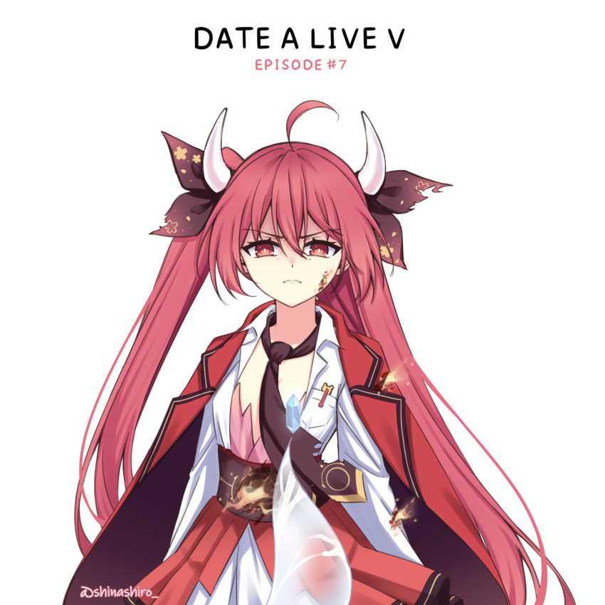 1girl, ahoge, breasts, collared_shirt, crystal, date_a_live, hair_between_eyes, hair_ribbon, highres, horns, itsuka_kotori, jacket, japanese_clothes, long_hair, long_sleeves, looking_at_viewer, necktie, obi, open_clothes, open_jacket, pocket, red_eyes, red_jacket, redhead, ribbon, sash, shinashiro, shirt, small_breasts, solo, twitter_username, v-shaped_eyebrows, white_background, white_shirt