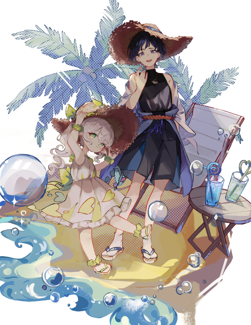 1boy, 1girl, adapted_costume, alternate_costume, ankle_scrunchie, arm_up, armpit_crease, bare_shoulders