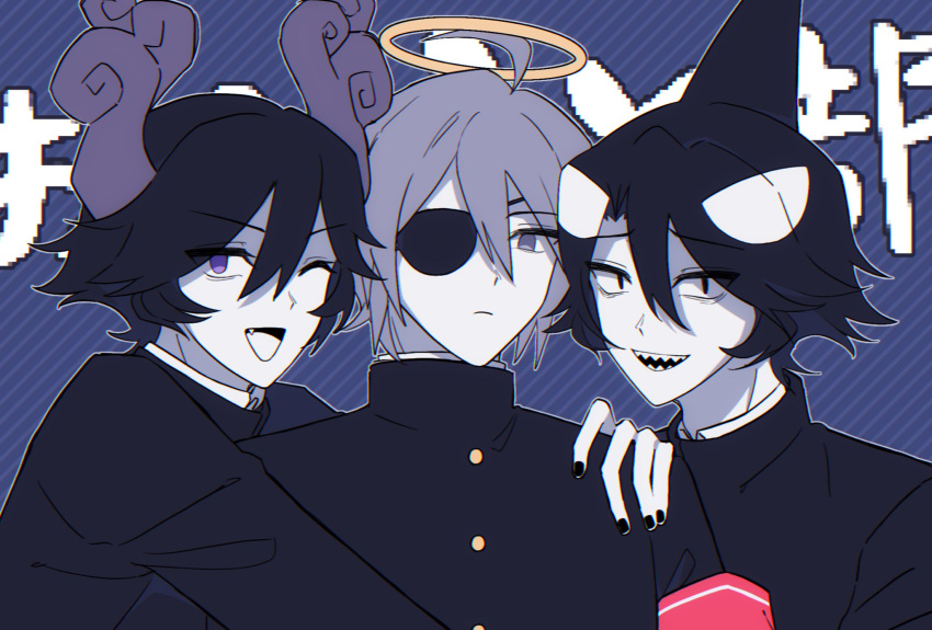 3boys, :d, angel, angel_and_devil, black_hair, black_nails, blue_background, colored_skin