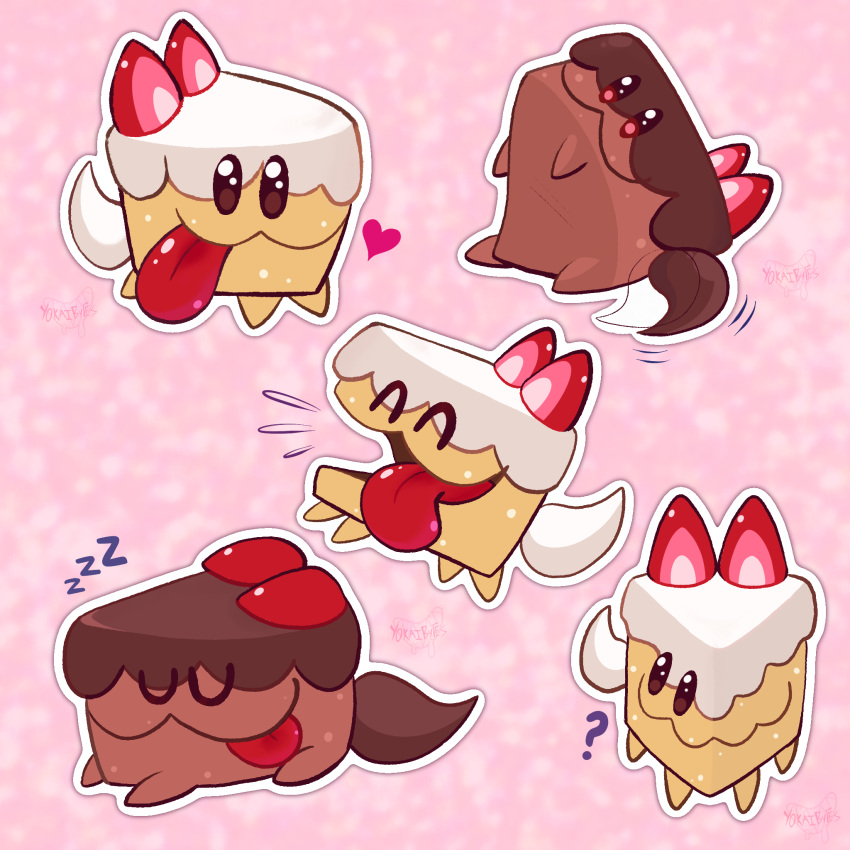 :3, ?, animal, animal_focus, cake, cake_hound, cake_slice, choco_cake_hound, closed_eyes, commentary, cookie_run, cookie_run:_kingdom, cream_cake_hound, creature, dog, english_commentary, food, food-themed_creature, food_as_ears, fruit, highres, no_humans, outline, strawberry, tail, tongue, tongue_out, white_outline, yokaibytes