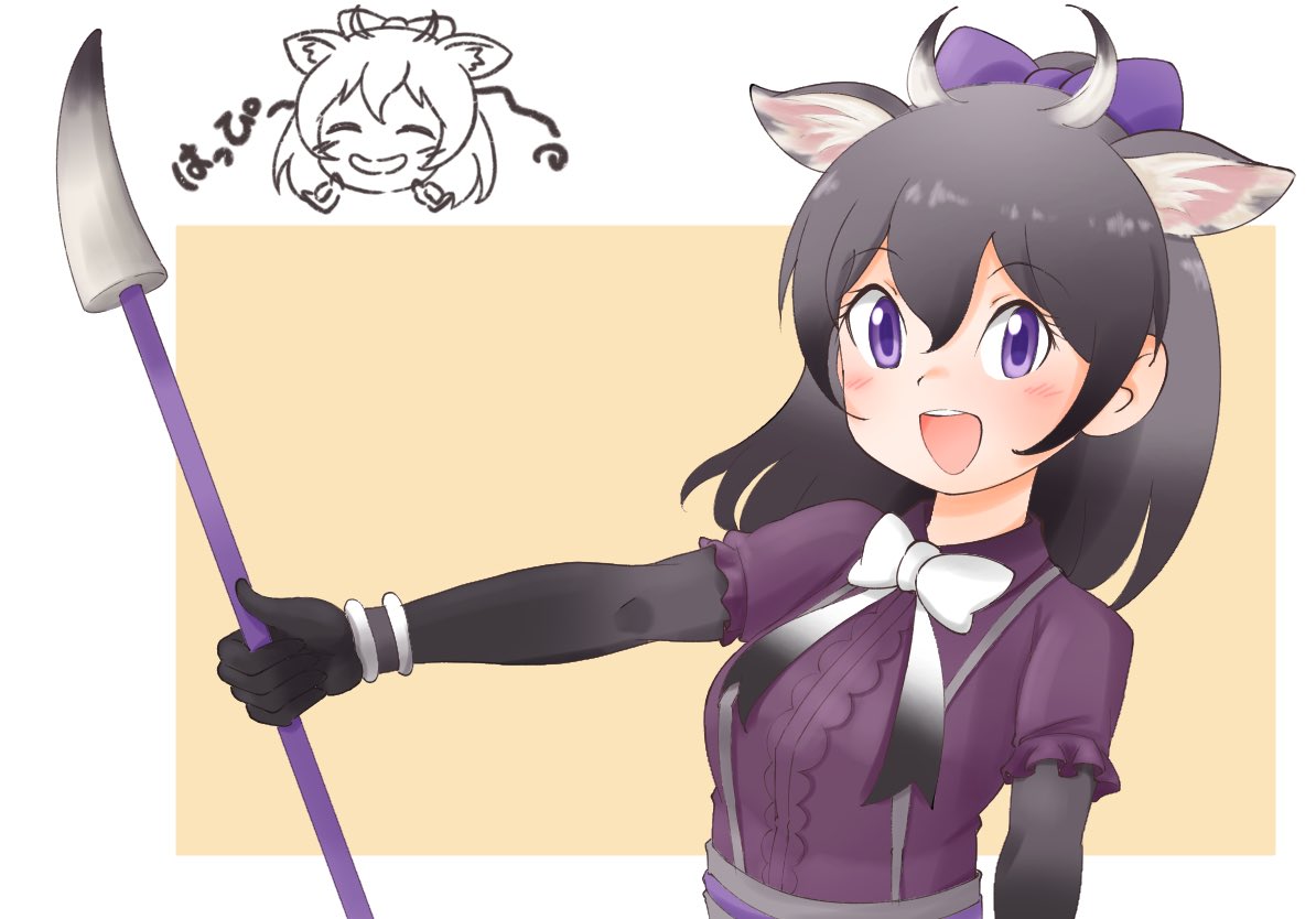 0331_tk3fr, 1girl, antelope_ears, antelope_horns, black_gloves, blue_bow, blue_bowtie, blush, bow, bowtie, center_frills, elbow_gloves, frilled_shirt, frills, gloves, grey_hair, hair_between_eyes, hair_bow, kemono_friends, multicolored_hair, nilgai_(kemono_friends), open_mouth, polearm, ponytail, purple_bow, purple_shirt, shirt, sidelocks, smile, solo, spear, translation_request, upper_body, violet_eyes, weapon