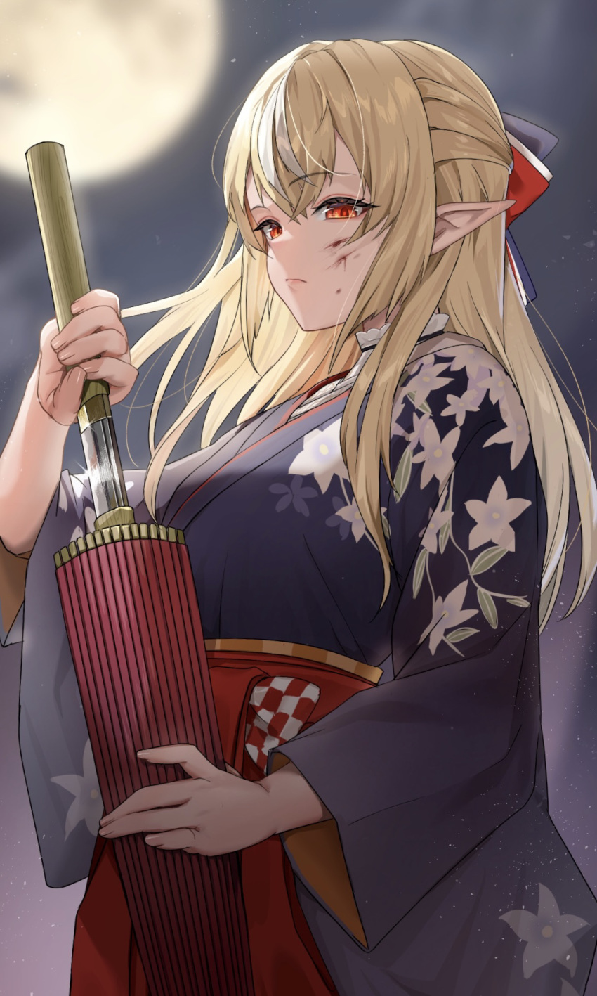 1girl, blonde_hair, blood, blood_on_face, blood_stain, blue_kimono, blurry, blurry_background, closed_mouth, collared_shirt, commentary_request, concealed_weapon, drawing_sword, elf, floral_print, floral_print_kimono, frilled_shirt_collar, frills, full_moon, furisode, hakama, hakama_skirt, half_updo, highres, holding, holding_sword, holding_umbrella, holding_weapon, hololive, japanese_clothes, kimono, long_hair, monokawa_(iurl1z), moon, multicolored_hair, night, official_alternate_costume, official_alternate_hairstyle, oil-paper_umbrella, outdoors, pointy_ears, red_hakama, shiranui_flare, shiranui_flare_(new_year), shirt, sidelocks, skirt, sleeves_past_elbows, solo, standing, streaked_hair, sword, umbrella, umbrella_sword, undershirt, weapon, white_hair, white_shirt, wide_sleeves