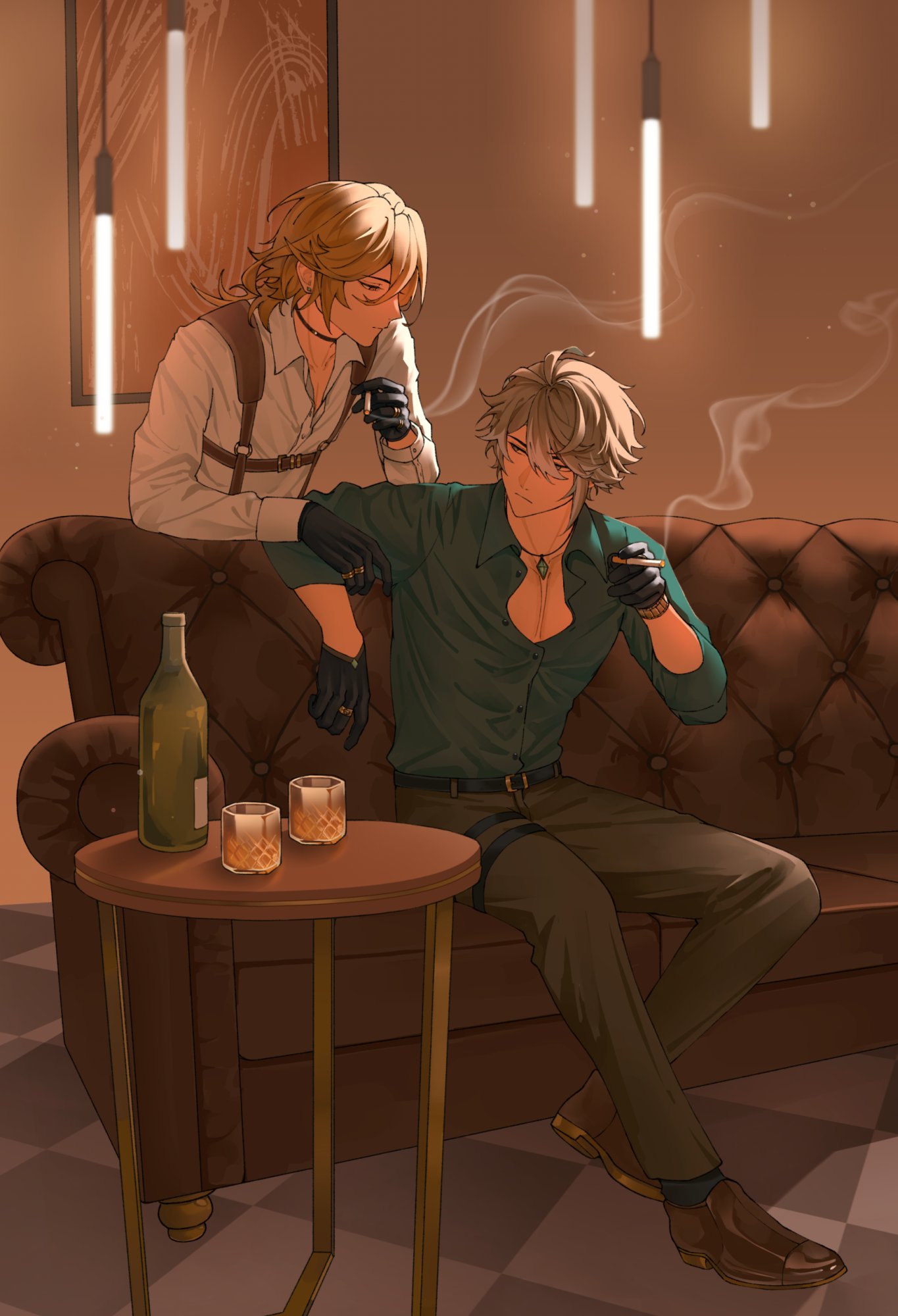 2boys, alcohol, alhaitham_(genshin_impact), belt, black_belt, black_choker, black_gloves, black_socks