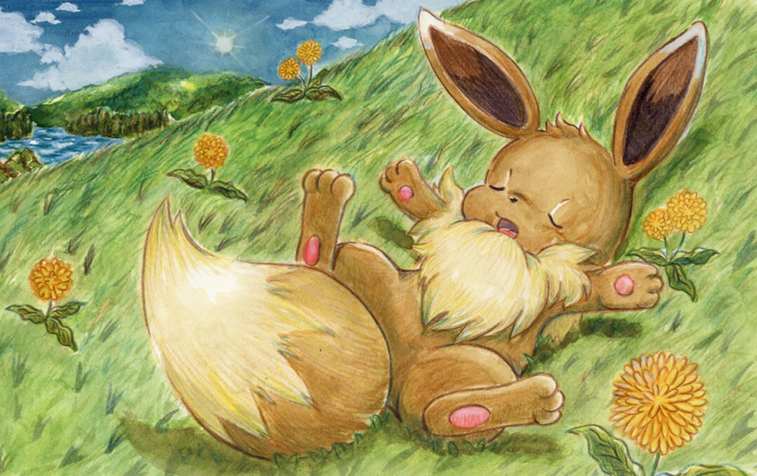 animal_ears, animal_hands, closed_eyes, clouds, eevee, flower, full_body, grass