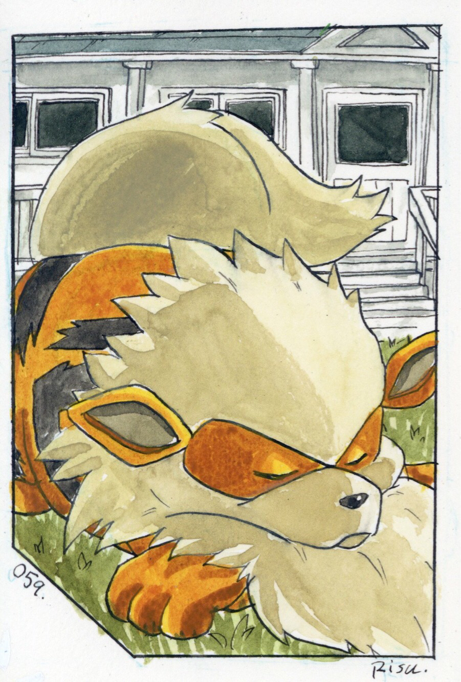 animal_ears, arcanine, border, building, closed_eyes, grass, highres, no_humans