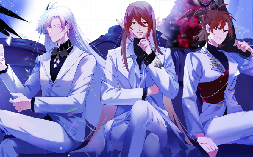 3boys, alternate_costume, black_shirt, black_undershirt, blue_shirt, blunt_ends, bouquet, brown_eyes