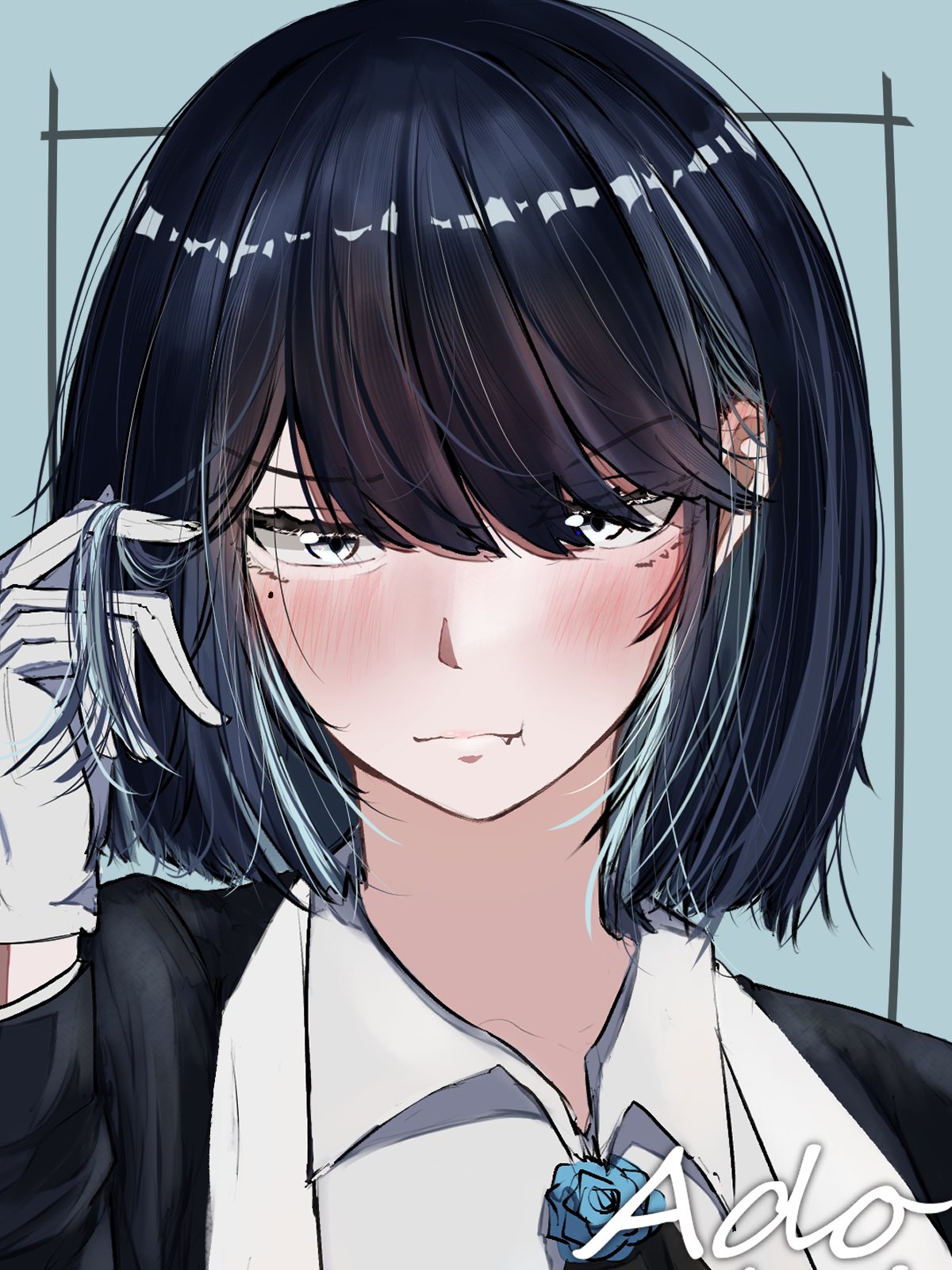 1girl, ado_(utaite), alternate_hair_length, alternate_hairstyle, blue_flower, blue_hair, blue_rose, blush