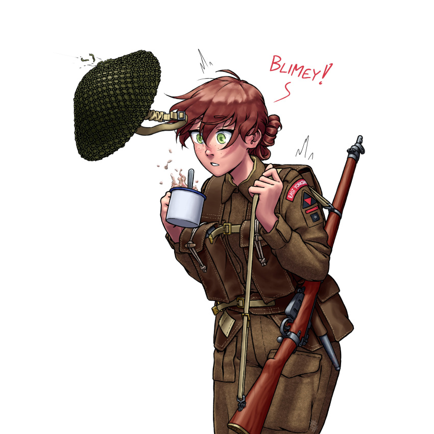 1girl, absurdres, ammunition_pouch, artist_logo, backpack, bag, belt, bolt_action