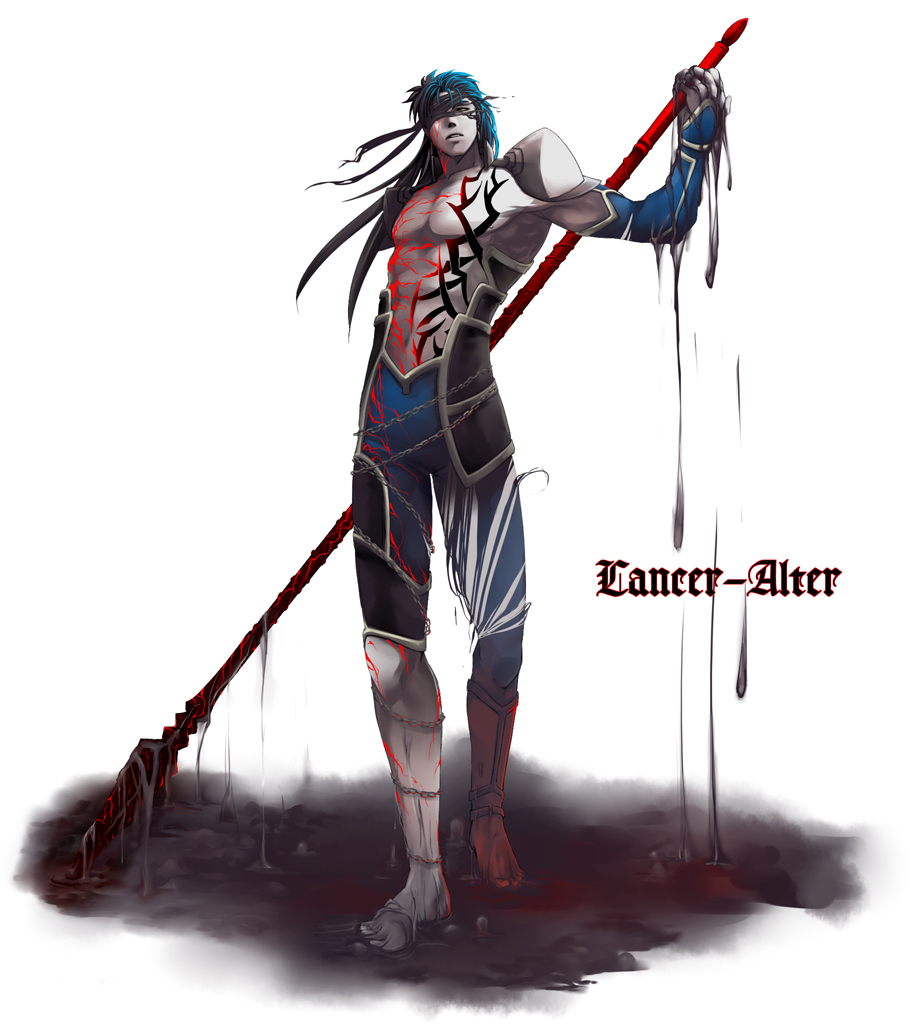 aya_(pixiv73672), barefoot, blue_hair, character_name, dark_persona, fate/stay_night, fate_(series), gae_bolg