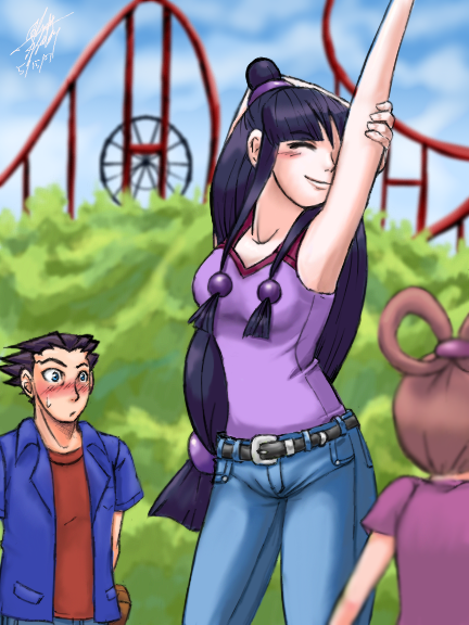 armpits, ayasato_harumi, ayasato_mayoi, black_hair, blush, brown_hair, capcom, casual