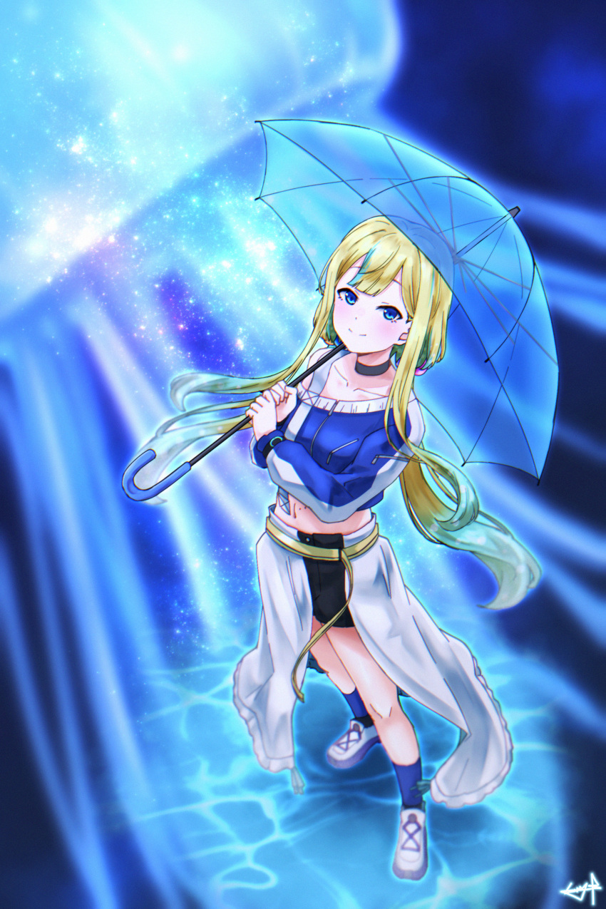 1girl, absurdres, alternate_hairstyle, belt, black_choker, black_shorts, blonde_hair, blue_eyes