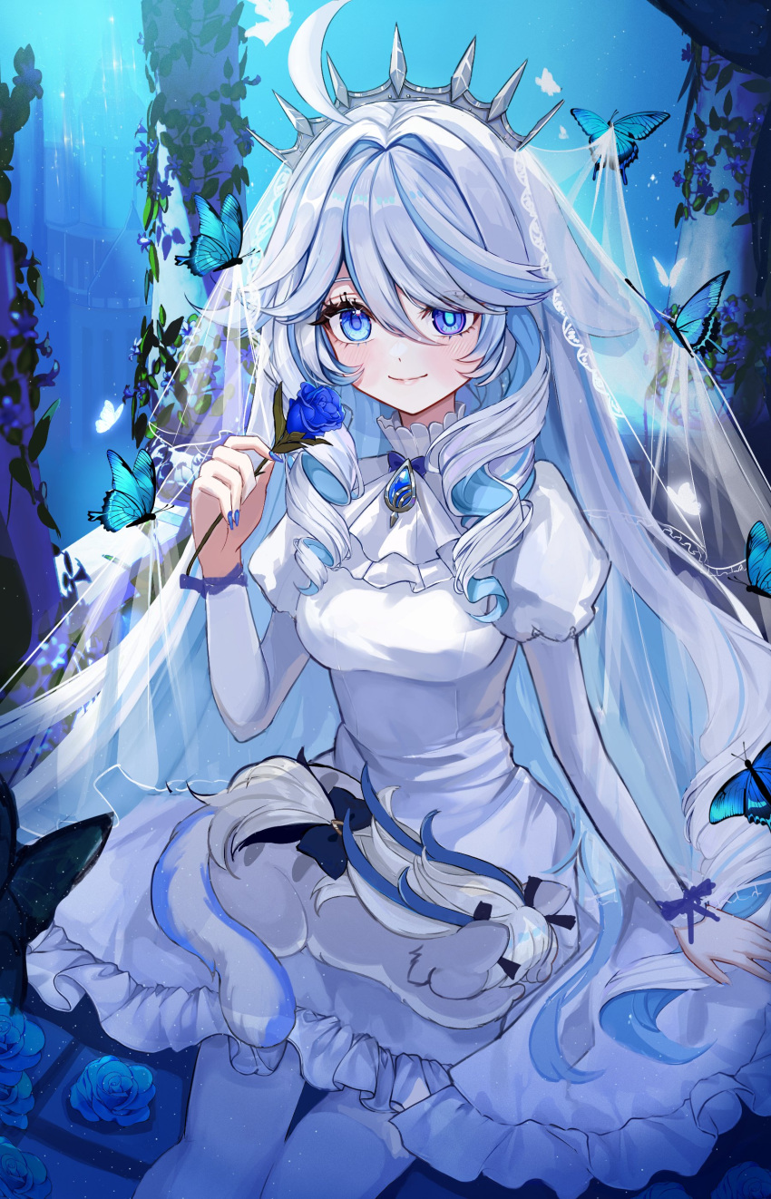 1girl, absurdres, ahoge, animalization, ascot, blue_butterfly, blue_eyes, blue_flower, blue_hair, blue_rose, breasts, bug, butterfly, cat, closed_mouth, crown, dress, drill_hair, drill_sidelocks, flower, frilled_dress, frills, furina_(genshin_impact), furina_(genshin_impact)_(old_design), genshin_impact, highres, holding, holding_flower, juliet_sleeves, long_sleeves, looking_at_viewer, medium_breasts, multicolored_hair, neuvillette_(genshin_impact), pantyhose, puffy_sleeves, rose, sidelocks, sitting, smile, solo, streaked_hair, veryslow_zzzpin, white_ascot, white_pantyhose, white_veil