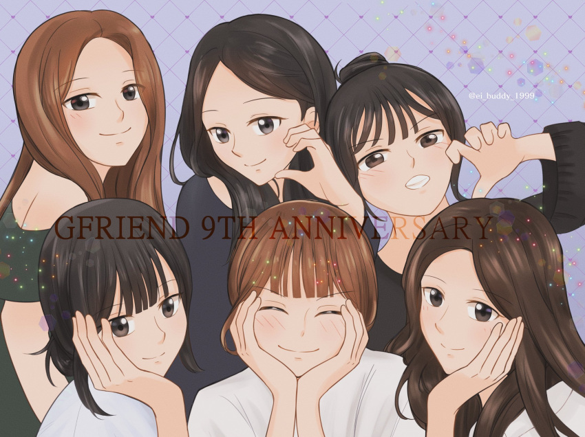 6+girls, blunt_bangs, brown_eyes, brown_hair, closed_eyes, ei_buddy_1999, english_commentary, eunha_(gfriend)