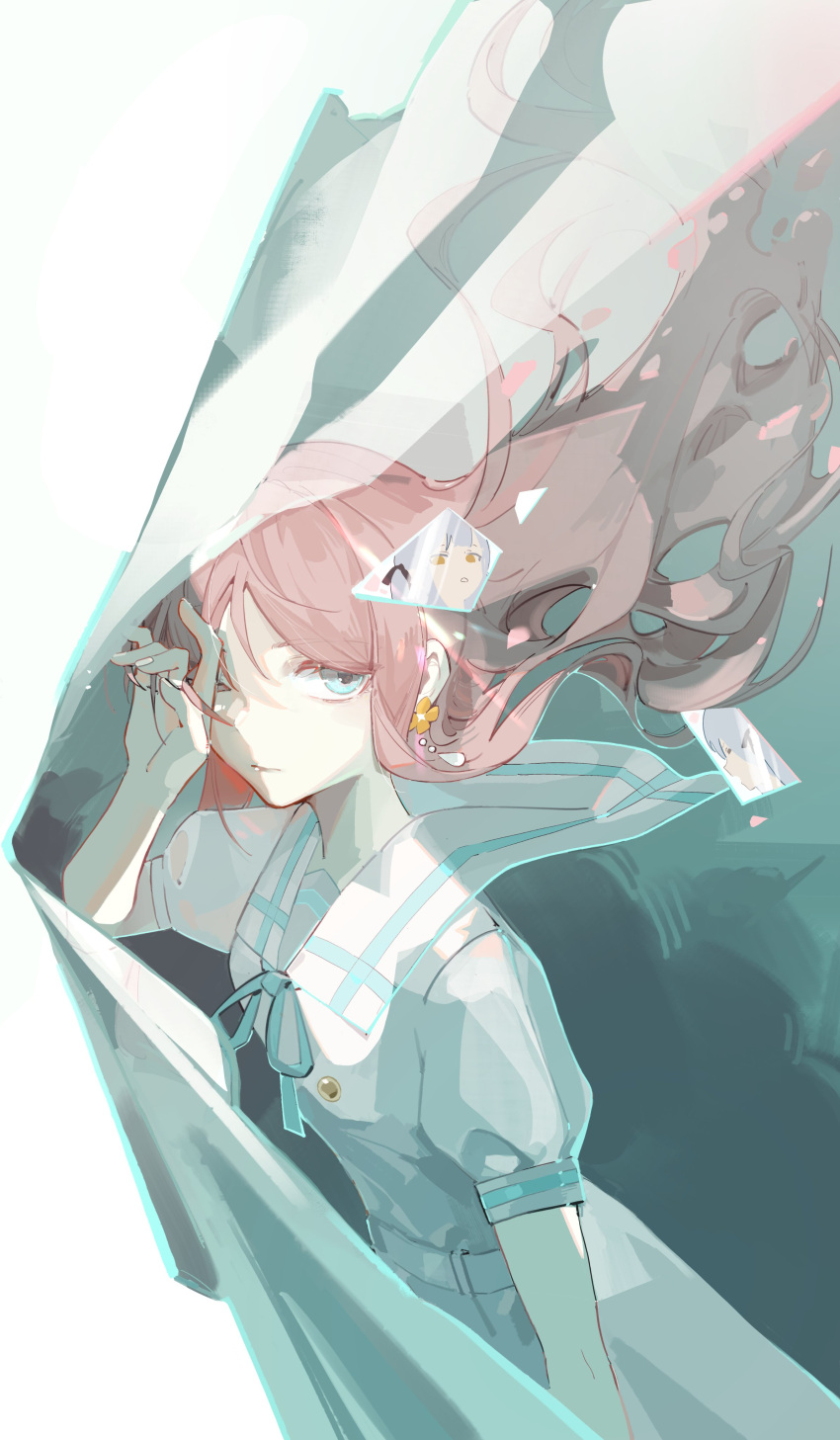1girl, absurdres, bang_dream!, bang_dream!_it's_mygo!!!!!, black_ribbon, blue_eyes, blue_hair, blue_ribbon, broken_glass, brown_hair, closed_mouth, commentary_request, dress, earrings, floating_hair, glass, glass_shards, hair_over_one_eye, hair_ribbon, highres, jewelry, long_hair, nagasaki_soyo, neck_ribbon, one_eye_closed, ribbon, sailor_collar, sailor_dress, shiragomi, short_sleeves, solo, togawa_sakiko, white_background, white_dress, white_sailor_collar, yellow_eyes
