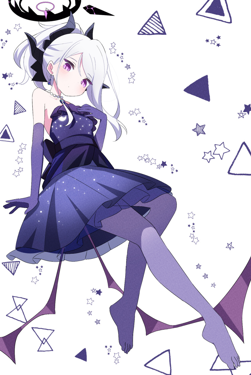 1girl, bead_necklace, beads, black_halo, black_horns, blue_archive, blush, demon_horns