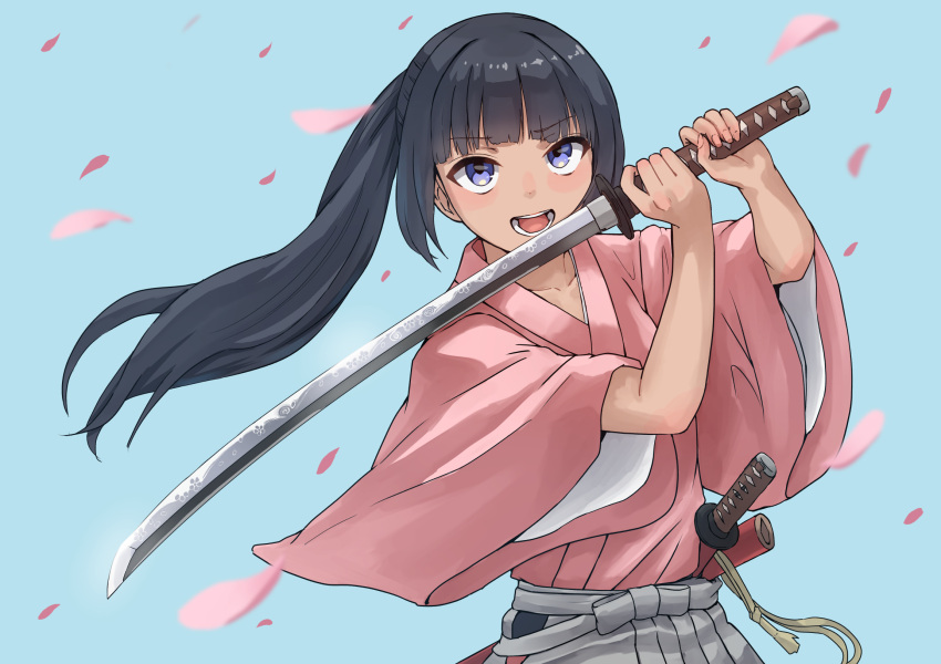 1girl, black_hair, blue_background, blush, commentary_request, falling_petals, furisode, grey_skirt