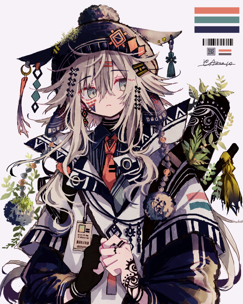 1girl, absurdres, azzz_(7334080), barcode, black_gloves, blue_eyes, blue_hat, blue_shirt