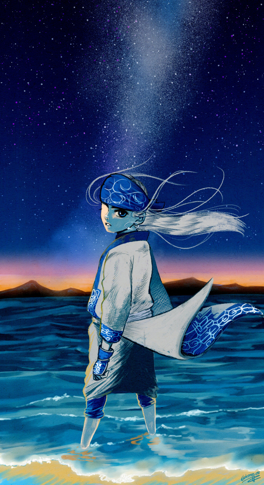 1girl, absurdres, ainu, ainu_clothes, asirpa, blue_headband, commentary_request, dctroo_08, earrings, floating_hair, golden_kamuy, headband, highres, hoop_earrings, jewelry, long_hair, looking_back, ocean, parted_lips, signature, sky, solo, star_(sky), starry_sky, sunset, twitter_username, wading