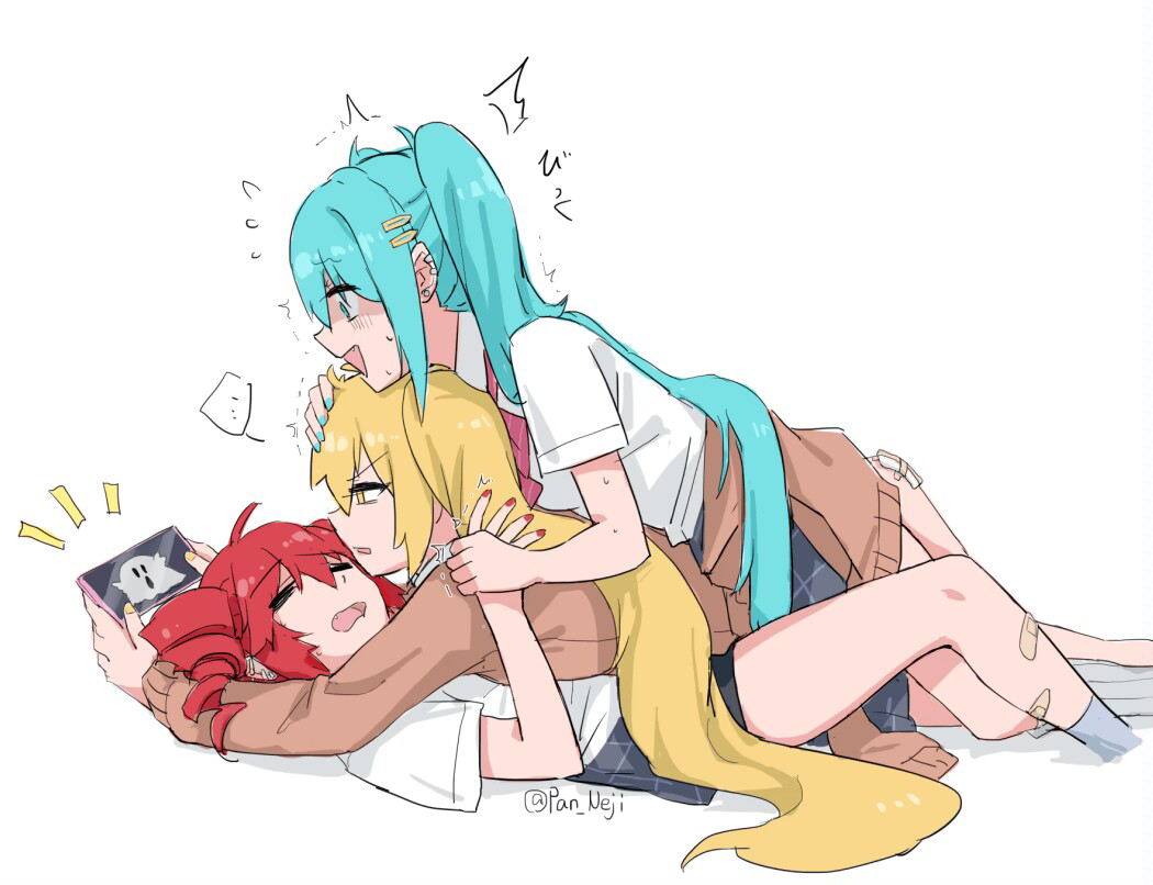 ..., 3girls, ahoge, akita_neru, angry, bandaid, blonde_hair, blue_eyes