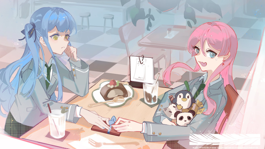 2girls, absurdres, bang_dream!, bang_dream!_it's_mygo!!!!!, blue_hair, blue_nails, blush, cake