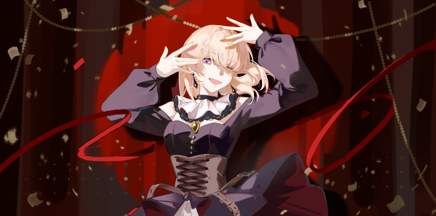 1girl, absurdres, bang_dream!, bang_dream!_it's_mygo!!!!!, black_dress, blonde_hair, brown_corset, commentary_request