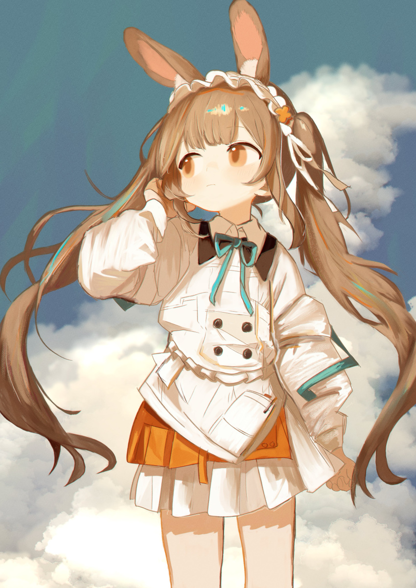 1girl, absurdres, adjusting_hair, animal_ear_fluff, animal_ears, brown_eyes, brown_hair, clouds, cloudy_sky, cowboy_shot, day, delfino, dress, expressionless, facing_viewer, green_ribbon, hair_ribbon, hand_up, highres, legs_apart, long_sleeves, looking_to_the_side, maid_headdress, medium_dress, original, outdoors, rabbit_ears, ribbon, sky, solo, standing, twintails, white_dress, white_ribbon