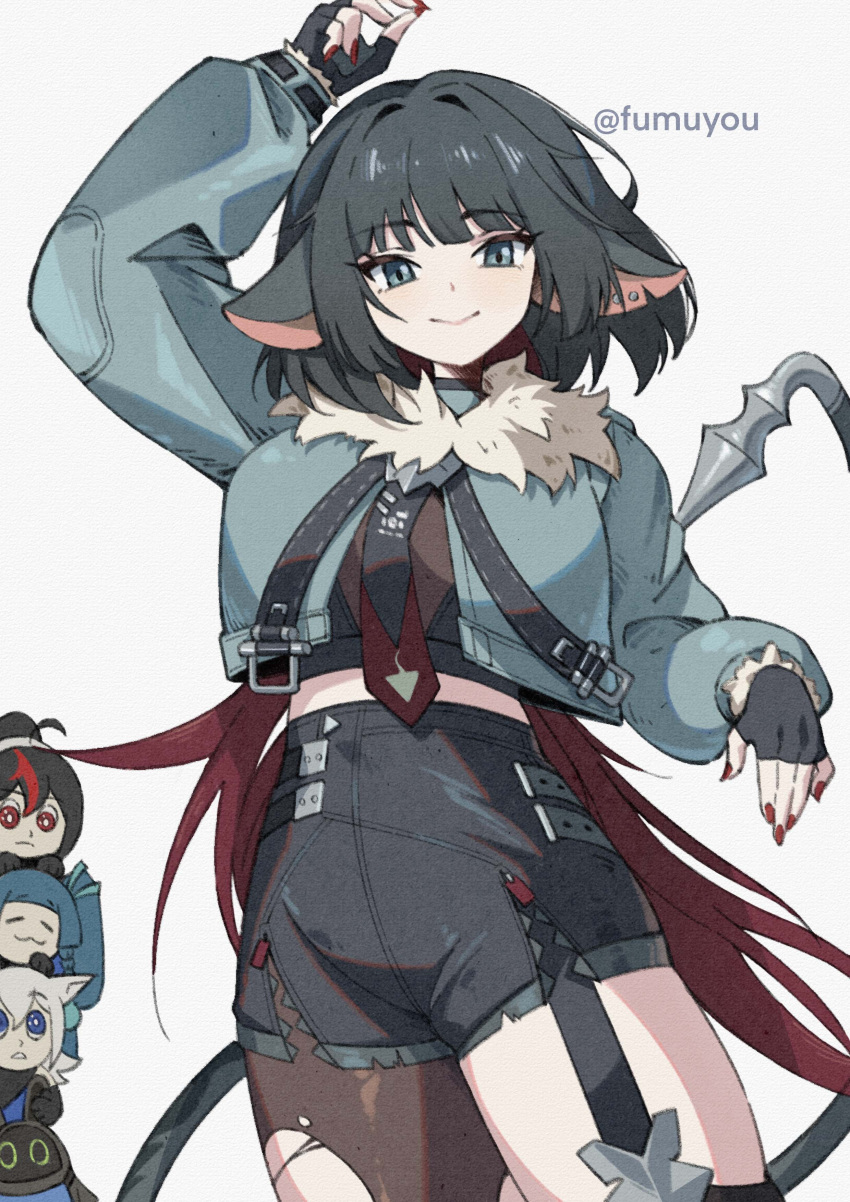 1boy, 3girls, :3, absurdres, artist_name, black_gloves, black_hair, black_shorts