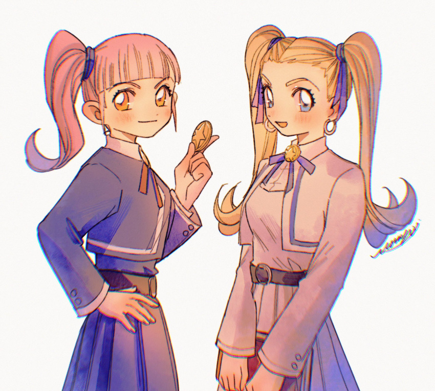 2girls, blonde_hair, blue_dress, blue_eyes, blue_ribbon, blunt_bangs, chinese_commentary, commentary_request