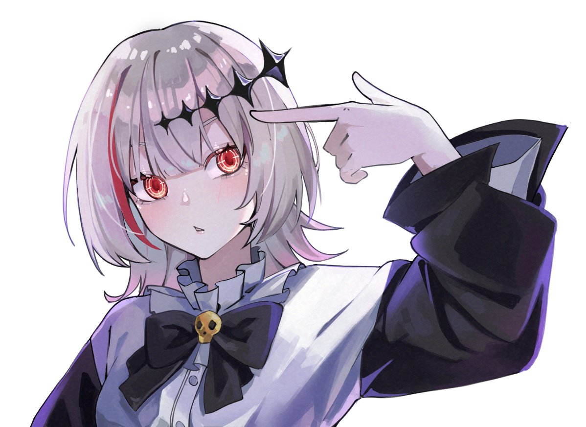 1girl, black_bow, black_bowtie, bow, bowtie, crosshair, crosshair_pupils, dtto., finger_gun, finger_gun_to_head, hair_ornament, i.ryuu_z, multicolored_hair, pale_skin, red_eyes, redhead, reject_(esports), shirt, short_hair, simple_background, skull_ornament, solo, star_(symbol), star_hair_ornament, streaked_hair, utaite, virtual_youtuber, white_background, white_hair, white_shirt