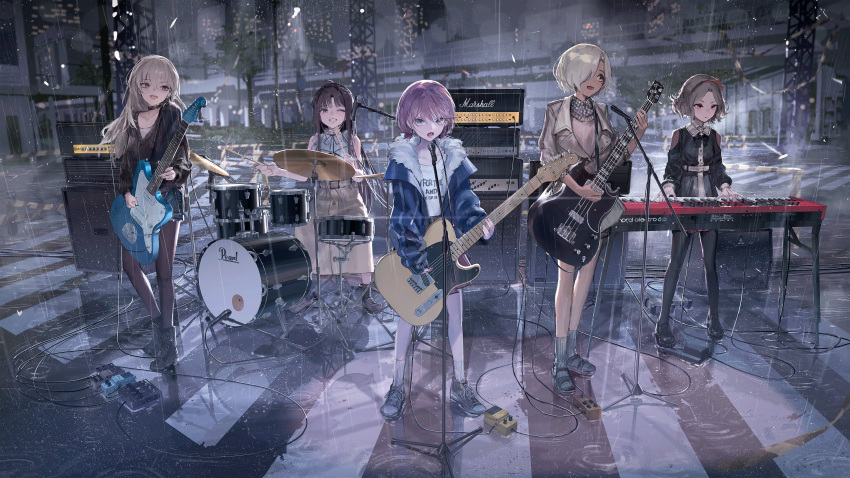 5girls, absurdres, ahoge, amplifier, awa_subaru, bass_guitar, black_dress, black_footwear, black_hair, black_pantyhose, black_ribbon, black_socks, black_sweater, blue_eyes, blue_jacket, blue_shorts, boots, bow, bridge, brown_eyes, brown_jacket, brown_skirt, brown_sweater_vest, building, cable, caution_tape, cityscape, clavia_digital_musical_instruments, clenched_teeth, commentary, crosswalk, dot_nose, dress, drum, drum_set, drumsticks, ebizuka_tomo, effects_pedal, electric_guitar, fender_telecaster, gibson_sg_(bass), girls_band_cry, glint, grey_eyes, grey_hair, grey_shirt, grey_socks, grin, guitar, hair_between_eyes, hair_bow, hair_over_one_eye, highres, holding, holding_drumsticks, holding_instrument, holding_plectrum, instrument, iseri_nina, jacket, kawaragi_momoka, kawasaki_(kanagawa), keyboard_(instrument), lamppost, light_particles, long_hair, long_sleeves, low_twintails, lower_teeth_only, marshall_amplification, microphone, microphone_stand, mole, mole_under_eye, multiple_girls, music, neck_ribbon, night, one_eye_closed, open_clothes, open_jacket, open_mouth, outdoors, overhead_line, pantyhose, pantyhose_under_shorts, parted_bangs, pearl_drums, plaid_clothes, plaid_shirt, playing_bass_guitar, playing_drum, playing_guitar, playing_instrument, playing_piano, plectrum, psychederhythm_psychomaster, railing, rain, real_world_location, red_bow, red_eyes, red_skirt, reflective_floor, ribbon, ripples, road_sign, rsef, rupa_(girls_band_cry), shirt, short_hair, short_twintails, shorts, sidelocks, sign, singing, sitting, skirt, sleeveless, sleeveless_shirt, sleeves_past_elbows, sleeves_past_wrists, smile, socks, standing, sweater, sweater_vest, synthesizer, teeth, traffic_barrier, traffic_light, tree, twintails, whammy_bar, white_shirt, white_socks