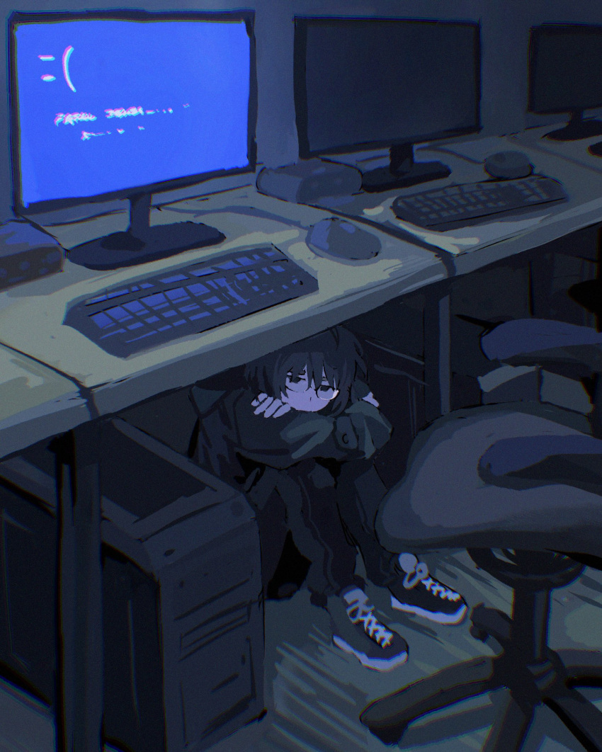 1boy, black_eyes, black_hair, black_hoodie, black_pants, blue_screen_of_death, chair, chromatic_aberration, computer, computer_keyboard, computer_mouse, crossed_arms, cyberseaurchin, desk, glasses, highres, hood, hood_down, hoodie, indoors, male_focus, office_chair, on_ground, original, pants, shoes, solo, swivel_chair, under_table