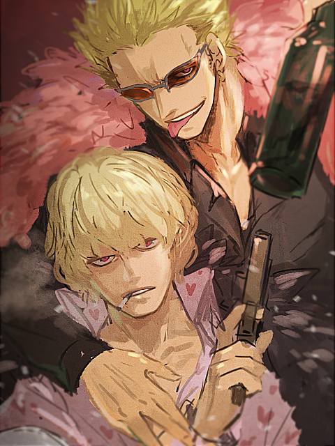 2boys, black_cape, black_shirt, blonde_hair, blurry_border, bottle, brothers, cape