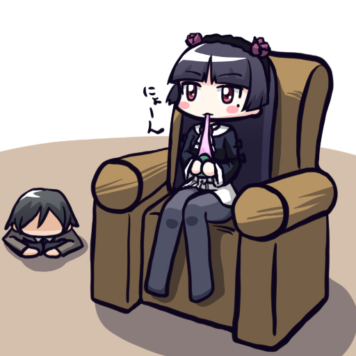 bowing, chair, chibi, eating, food, genuflecting, gokou_ruri, gothic_lolita