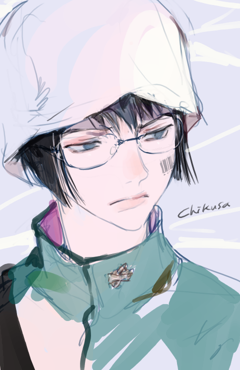 1boy, barcode, barcode_tattoo, black_eyes, black_hair, closed_mouth, facial_tattoo, frown