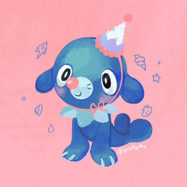 1character, 1other, animal_plushie, aqua_collar, birthday_theme, blue_fur, blue_plushie, blush, claws, clown_collar, collar, facial_mark, frilled_collar, frills, hat, ice_cream_(symbol), non-web_source, party_hat, pastel_colors, pink_background, pink_nose, rear_flippers, rocoa, seal_(animal), seal_hat_party_hat, seashell, shell, shell_(symbol), signature, simple_background, soft_shading, star_(symbol), stuffed_animal, stuffed_toy, twitter_username, whisker_markings