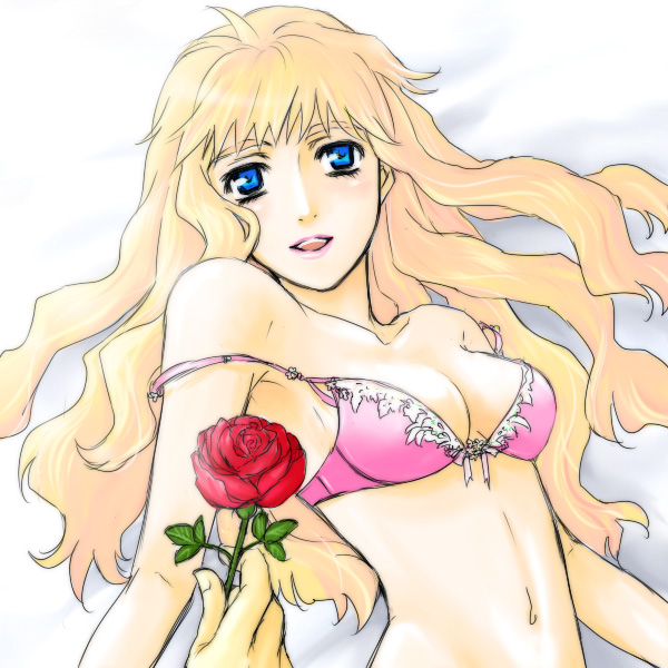 blonde_hair, blue_eyes, bow_bra, bra, breasts, flower, lingerie, long_hair