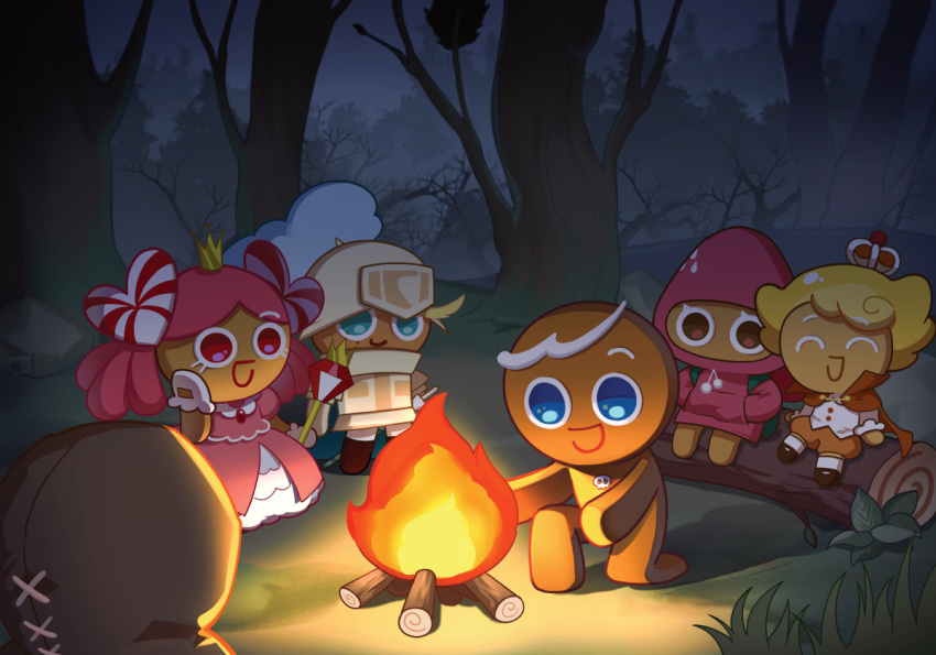 1other, 2girls, 3boys, campfire, commentary_request, cookie_run, cookie_run:_braverse, cookie_run:_kingdom