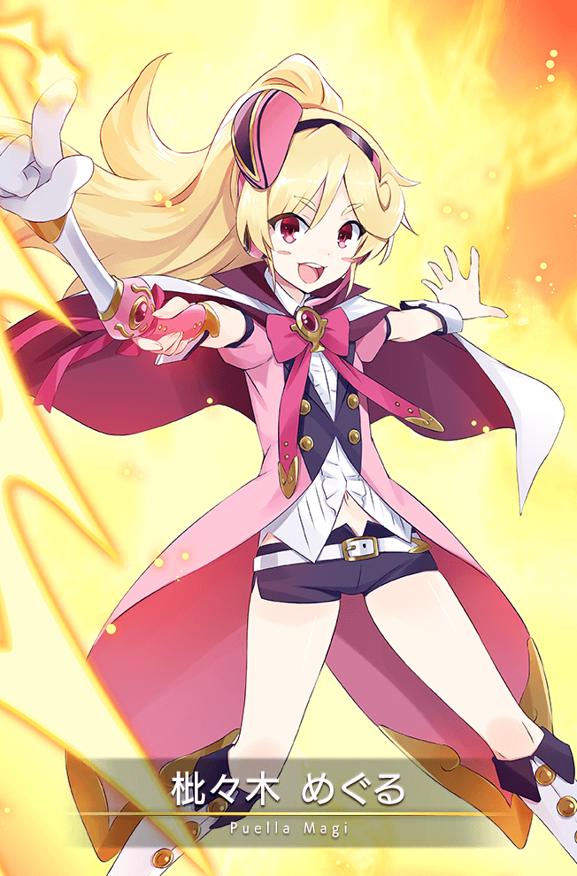 1girl, belt, belt_buckle, black_hairband, black_shorts, blonde_hair, blouse, blush_stickers, boots, bow, bowtie, buckle, buttons, card_(medium), character_name, cloak, clothing_cutout, coattails, collared_cloak, electricity, embers, eyes_visible_through_hair, feet_out_of_frame, fire, floating_clothes, floating_hair, game_cg, hair_between_eyes, hair_ornament, hairband, hibiki_meguru, high_collar, high_ponytail, holding, jacket, knee_boots, long_hair, looking_at_viewer, magia_record:_mahou_shoujo_madoka_magica_gaiden, magical_girl, mahou_shoujo_madoka_magica, navel, object_request, official_art, open_mouth, outstretched_arms, pink_bow, pink_bowtie, pink_jacket, puffy_short_sleeves, puffy_sleeves, purple_cloak, red_brooch, red_eyes, shirt, short_shorts, short_sleeves, shorts, smile, solo, stomach_cutout, teeth, two-sided_cloak, two-sided_fabric, upper_teeth_only, usatsuka_eiji, white_belt, white_cloak, white_footwear, white_shirt, yellow_background